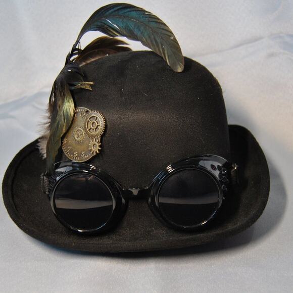 Black Steampunk Bowler Hat w/ Attached Googles & Feathers
